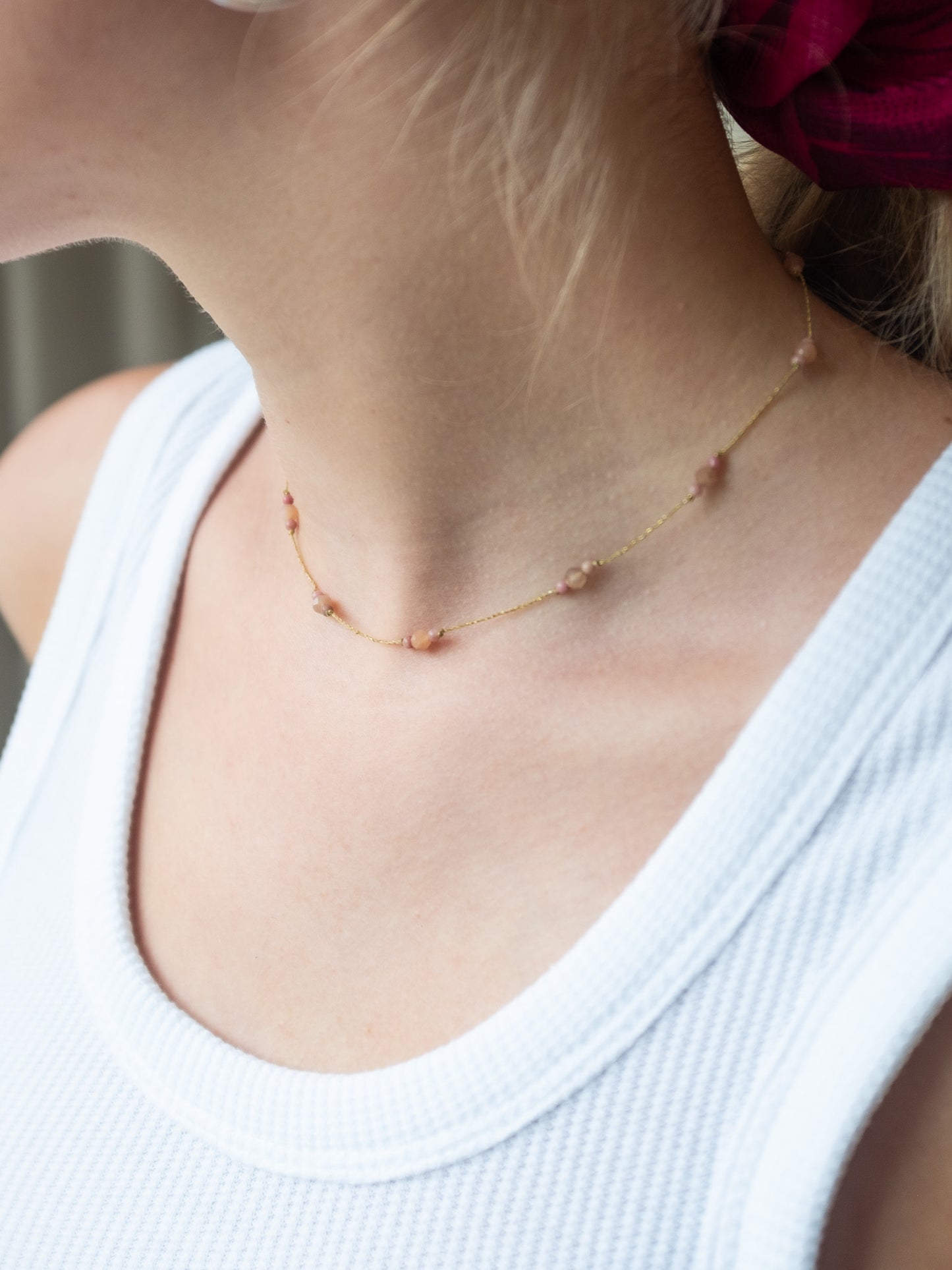Reversible ketting | Maansteen Perzik, Roze Jaspis, Zonnesteen