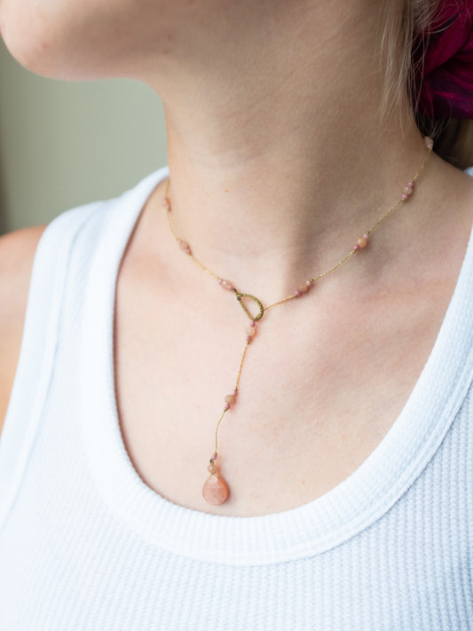 Reversible ketting | Maansteen Perzik, Roze Jaspis, Zonnesteen
